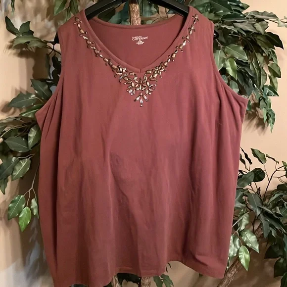 LIZ & ME for CATHERINES BROWN BEADED NECK SLEEVELESS TEE.BROWN IN PLUS SZ 3X EUC - Picture 1 of 10